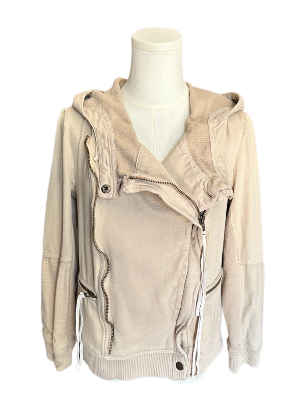 Free People We The Free Carmen Moto Zip Hooded Jacket Beige Size Small